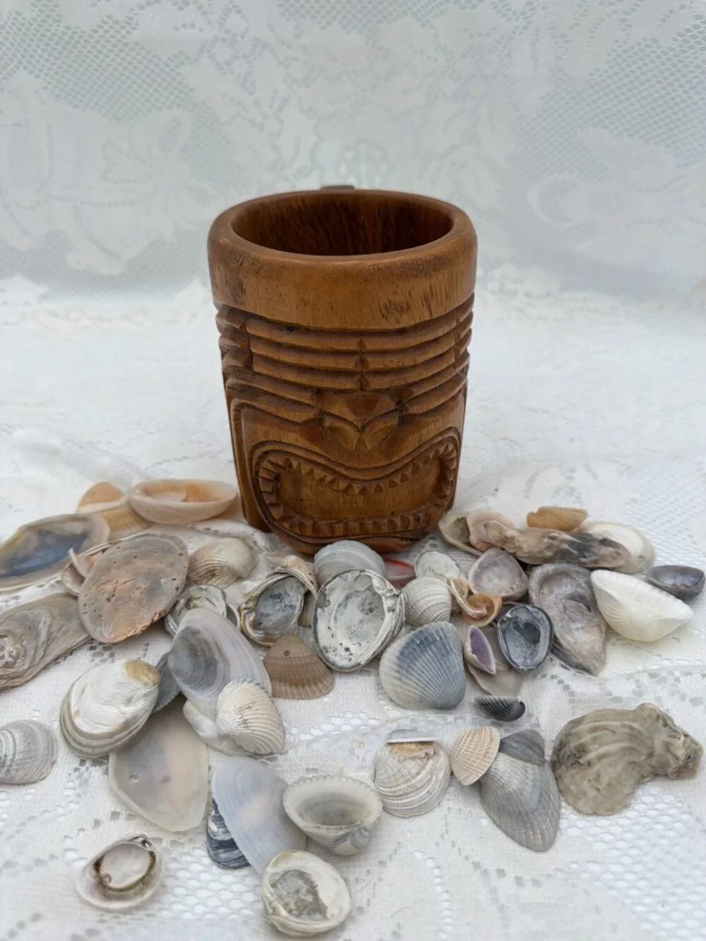 Vintage Hand Carved Wooden Tiki Face Coffee Mug Cup Hawaii Bar Ware Monkeypod